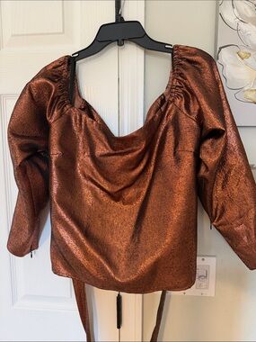 Michael Costello Copper Metallic Puff Sleeve Blouse